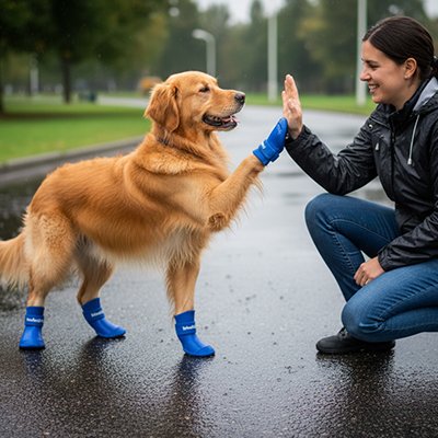 Un Golden Retriver qui porte les bottes pour chien PawProtect bleus donne la patte à son maître.