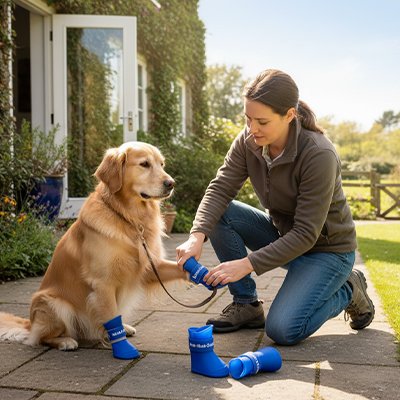Une femme enfile les bottes pour chien PawProtect de couleur bleu à son chien Golden Retriver qui lui tend sa patte.