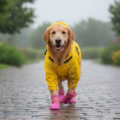 Un chien de race Golden Retriever prend une marche habillé d'un imperméable jaune et des bottes PawProtect roses disponibles sur la boutique pitouetmoi.com