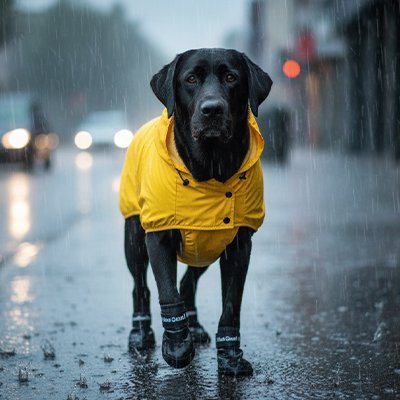 Chien Labrador noir, qui porte les bottes pour chien PawProtect dans la couleur noir, se promèene sous la pluie le long d'une rue.