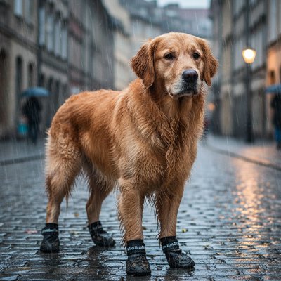 Un chien golden Retriver se tient au milieu d'une route sous la pluie portant ses bottes noires PawProtect.