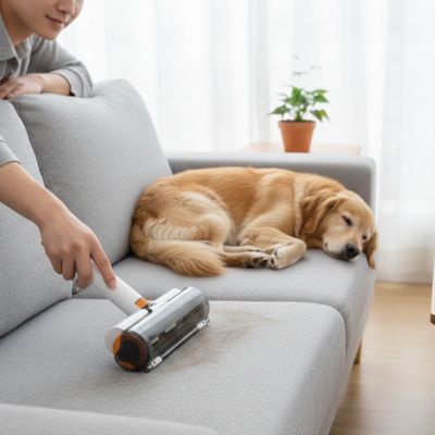 Démonstration de l'efficacité de la brosse magique Pitou et moi sur des poils d'animaux incrustés dans un tissu.