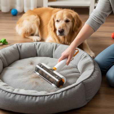 Nettoyage d'un panier pour chien gris avec la brosse anti-poil réutilisable devant un Golden Retriever.