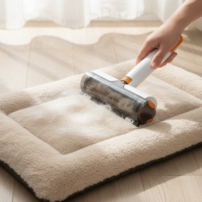 Démonstration de l'efficacité de la brosse magique Pitou et moi sur des poils d'animaux incrustés dans un tissu.