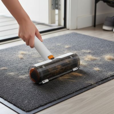 Utilisation de la brosse anti-poil Pitou et moi sur un tapis gris pour éliminer les poils d'animaux.