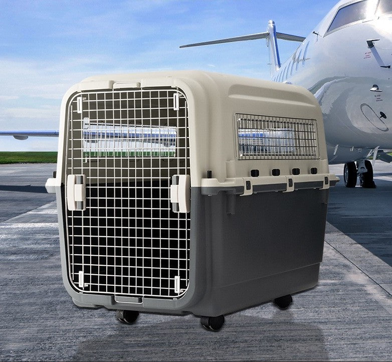 Cage de transport homologuée avion pour chien avec roues et grille métallique, posée sur le tarmac devant un avion.