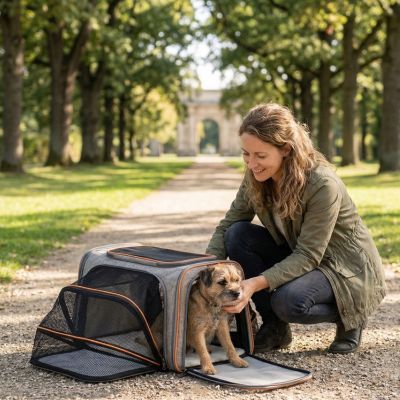 Sac de transport pour chien Caméléon noir et gris avec extensions latérales en filet respirant déployées, idéal pour le voyage et le camping