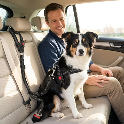 Un chien Berger Australien assis sur le siège arrière d'une voiture, attaché en toute sécurité avec une laisse ceinture de sécurité reliée à son harnais, à côté d'un homme souriant.