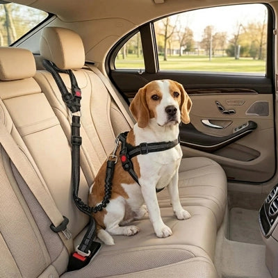 Un chien Beagle assis sur le siège arrière d'une voiture, attaché en toute sécurité à l'aide d'une laisse ceinture de sécurité noire reliée à son harnais.