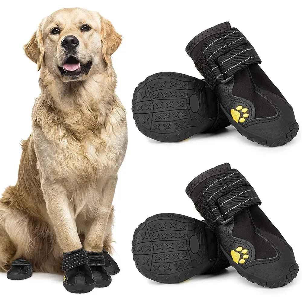 Chaussures pour grand chien type Golden Retriever, bottines de protection contre l'asphalte chaud et la neige, semelles robustes et imperméables, boutique Pitou et moi.