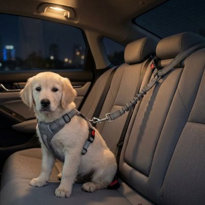 chien attaché avec une laisse de sécurité pour voiture