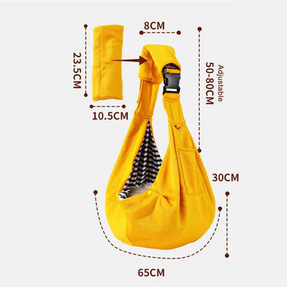 Schéma des dimensions du sac de transport jaune Chien de Poche : bandoulière ajustable de 50 à 80 cm, largeur de 65 cm, hauteur de poche de 30 cm et détails de la pochette pour téléphone (10.5 x 23.5 cm).