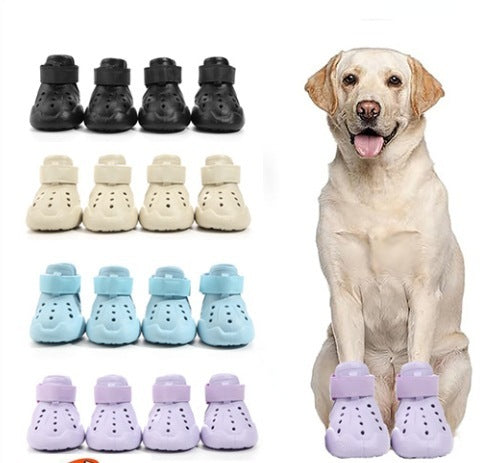 Présentation des bottes pour chien 4X4 pattes en caoutchouc, montrant un Labrador portant le modèle mauve et une grille des quatre couleurs disponibles : noir, beige, bleu ciel et mauve.