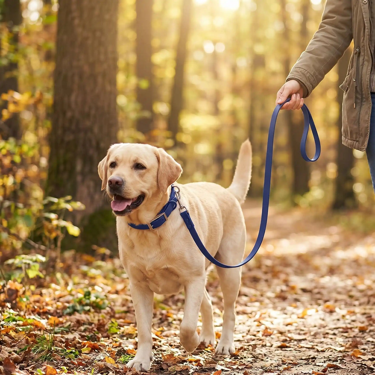 Ensemble laisse et collier bleu pour chien en promenade en forêt - Collection Confort Pitou et moi.