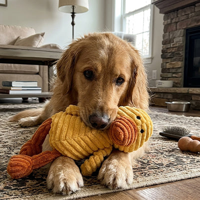 Chien Golden Retriever allongé tenant dans sa gueule le jouet canard orange en velours côtelé de la collection La Peluche de Pitou.
