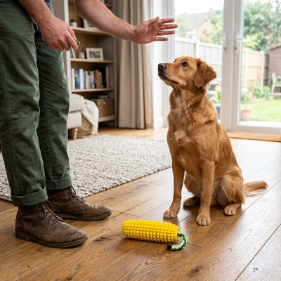 Un chien Golden Retriever est assis sagement sur un parquet de salon, regardant attentivement son maître qui se tient debout devant lui, tandis que le jouet épi de maïs jaune résistant de Pitou et moi est posé au sol à côté d'eux.