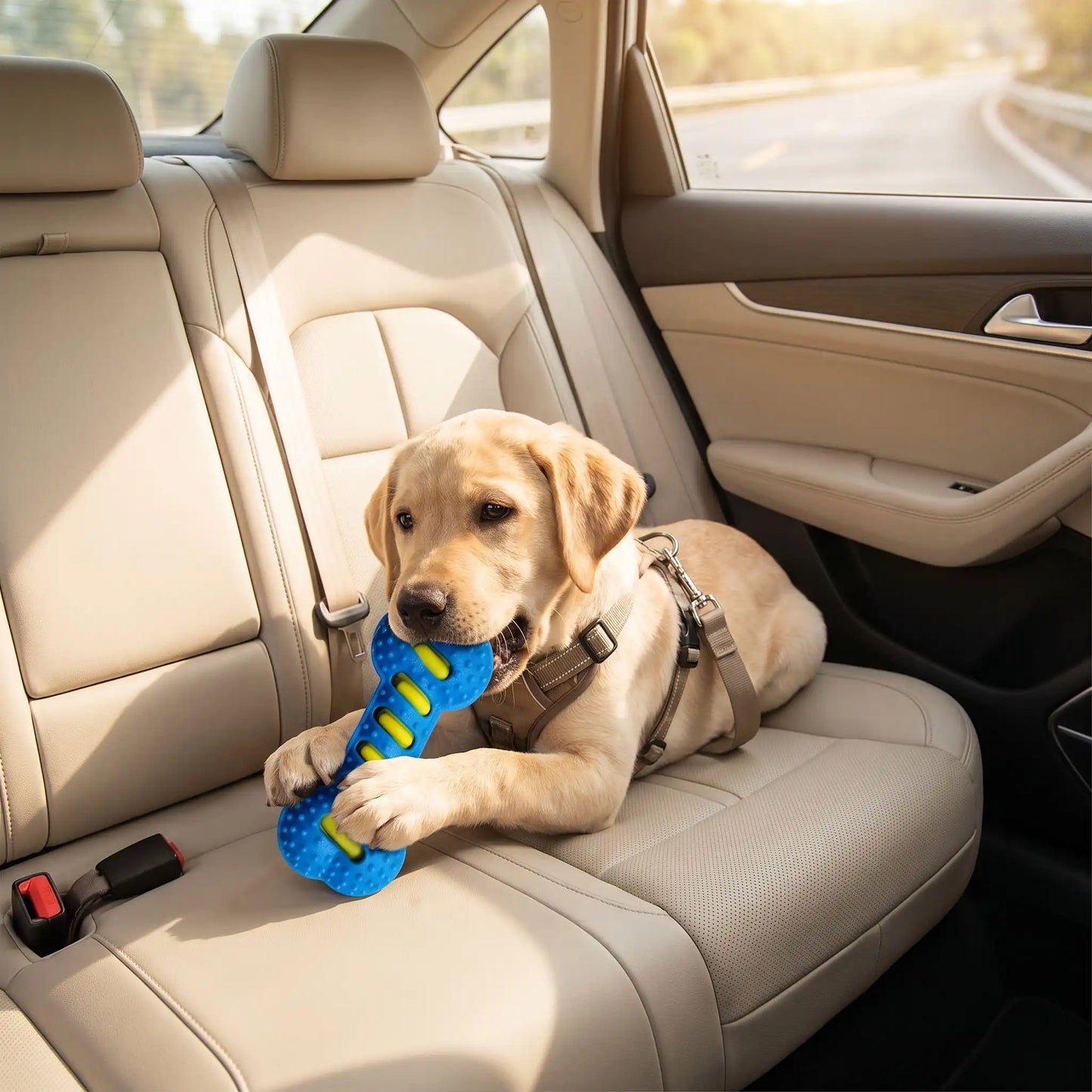 Chiot Labrador beige installé sur le siège arrière d'une voiture et mâchouillant le jouet os bleu anti-stress de Pitou et moi.