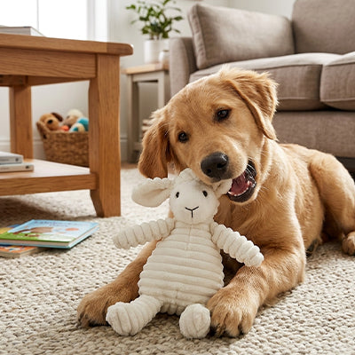 Chiot Golden Retriever jouant avec la peluche mouton blanc en velours côtelé de la collection La Peluche de Pitou.