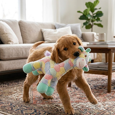 Un chiot Golden Retriever debout sur un tapis de jeu coloré, en train de mordiller la peluche girafe multicolore pastel Rosie la Girafe de Pitou et moi.