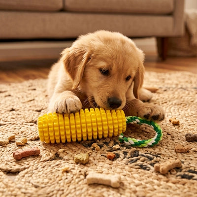 Un très jeune chiot Golden Retriever allongé sur un tapis en corde tressée dans un salon, mordillant joyeusement le jouet épi de maïs jaune résistant de Pitou et moi.