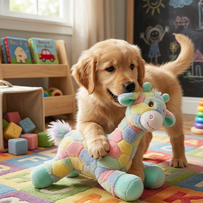 Un chiot Golden Retriever debout sur un tapis de jeu coloré, en train de mordiller la peluche girafe multicolore pastel Rosie la Girafe de Pitou et moi.