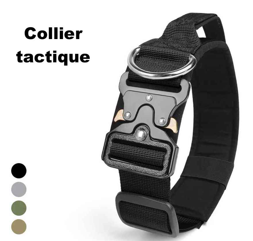 Présentation du collier tactique pour chien noir avec pastilles montrant les options de couleurs : noir, gris, vert militaire et kaki.