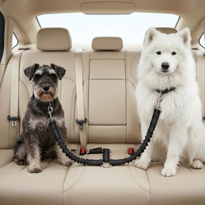 "Ceinture de sécurité double DuoPack pour chiens avec fixation universelle et deux longes réglables noires pour banquette arrière."