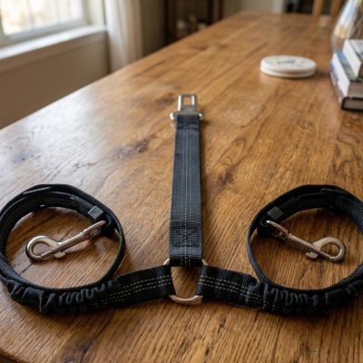 "Ceinture de sécurité double DuoPack pour chiens avec fixation universelle et deux longes réglables noires pour banquette arrière."