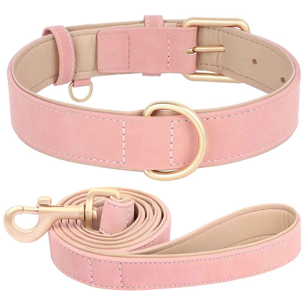 Ensemble complet Josette en cuir PU rose pâle comprenant un collier rembourré et une laisse assortie avec quincaillerie en métal doré brossé.
