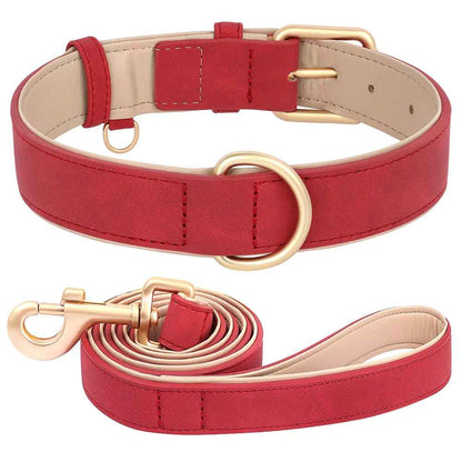 Ensemble collier et laisse pour chien en cuir PU rouge vif, doté d'une doublure de protection beige et d'une boucle dorée résistante pour un style classique et sécurisant.