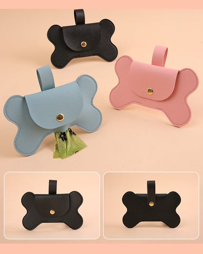 Distributeur de sacs à crottes design en simili-cuir pour laisse, pochette élégante en forme d'os avec fermeture à pression, accessoire d'hygiène canine, boutique Pitou et moi.