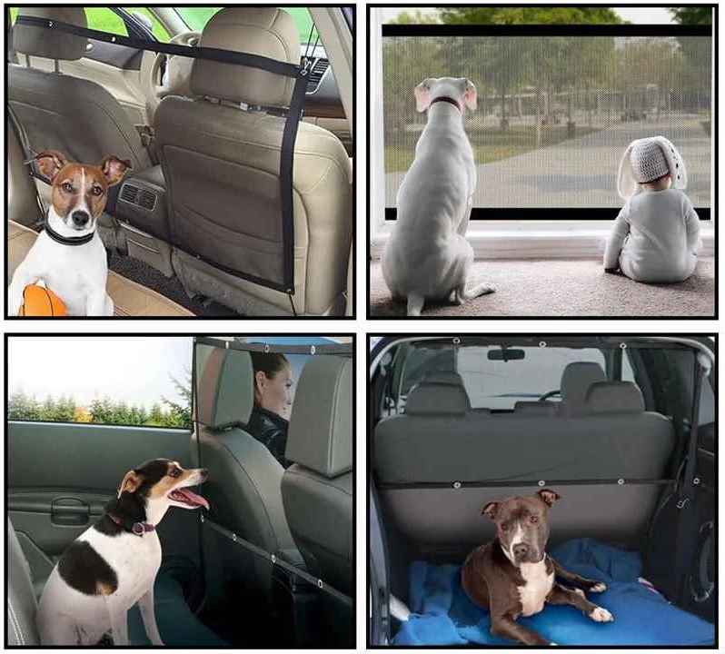 Exemples d'utilisation du filet de protection voiture pour chien, barrière de sécurité multifonction pour banquette arrière, compatible avec toutes les races et modèles de véhicules, boutique Pitou et moi.