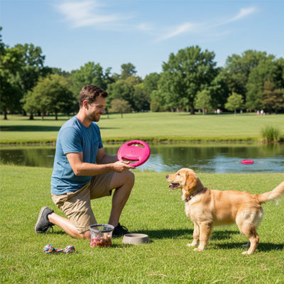 Frisbee robuste et flottant pour chien de couleur rose utilisé pour jouer dans un parc avec un Golden Retriever.