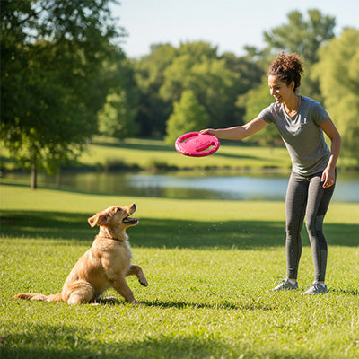 frisbee rose et robuste utilisé pour éduquer et faire jouer un jeune Golden Retriever en plein air.