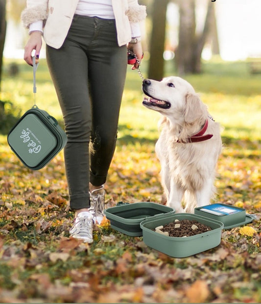 Un Golden Retriever attend patiemment devant le bol pliable Pause Museau ouvert au sol avec des croquettes, tandis qu'une femme tient la version refermée et compacte à la main lors d'une balade en forêt.
