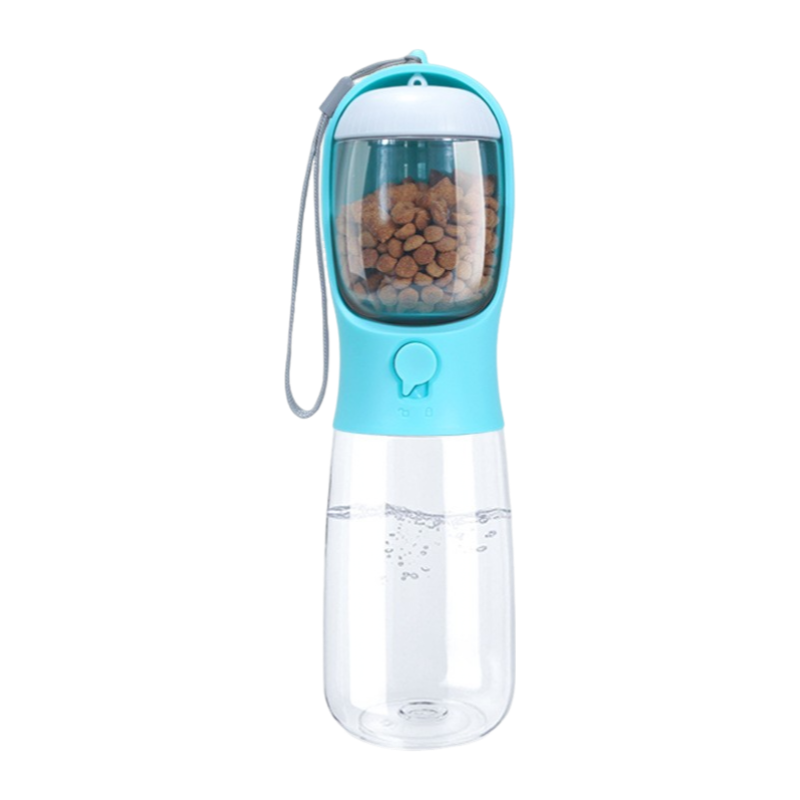 Bouteille d'eau portable bleue pour chien avec distributeur de nourriture, accessoire de voyage compact et sans BPA pour l'hydratation, boutique Pitou et moi.