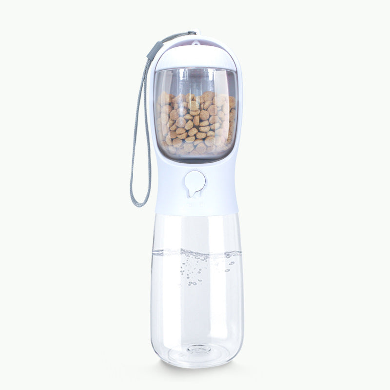Distributeur d'eau et de nourriture portable pour chien, bouteille de voyage blanche sans BPA avec réservoir à croquettes intégré, idéal pour la randonnée et les balades.