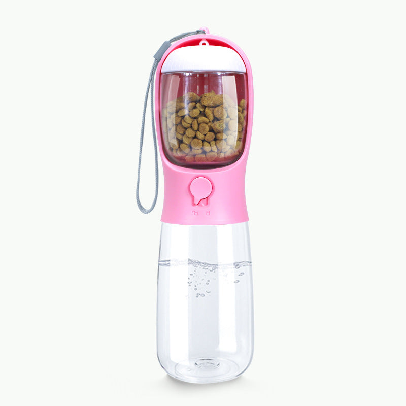 Bouteille d'eau portable rose pour chien avec distributeur de nourriture intégré, gourde de voyage 2-en-1 sans BPA et résistante à la chaleur, boutique Pitou et moi.