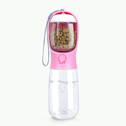 Bouteille d'eau portable rose pour chien avec distributeur de nourriture intégré, gourde de voyage 2-en-1 sans BPA et résistante à la chaleur, boutique Pitou et moi.