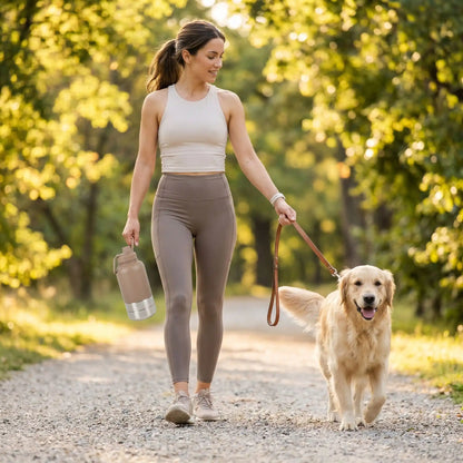 Femme en tenue de sport marchant en forêt avec son Golden Retriever en laisse, tenant à la main une gourde pour chien La Rafraîchissante de couleur beige.