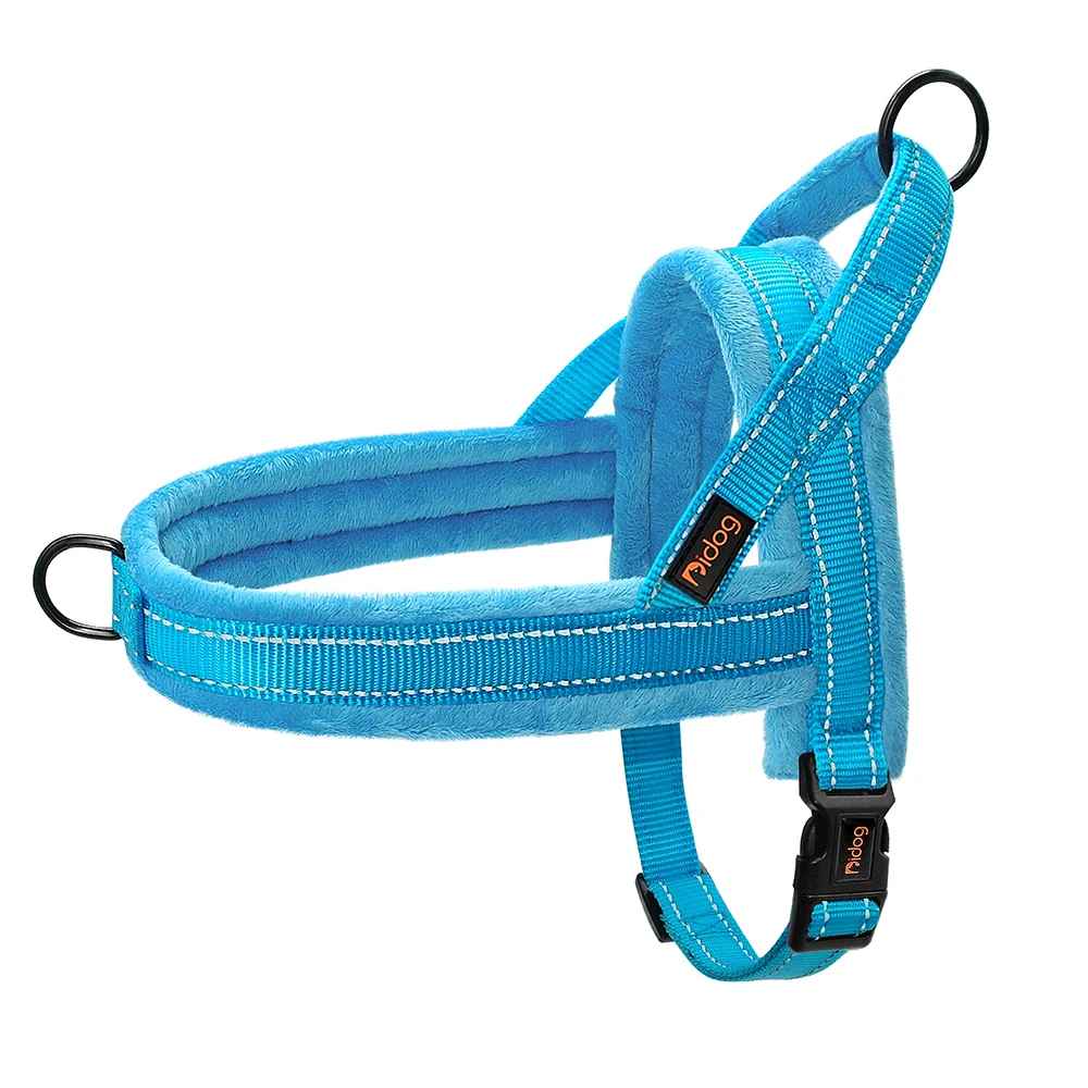Harnais rembourré bleu pour petit et moyen chien, accessoire de promenade confortable et sécurisé avec bandes réfléchissantes, boutique Pitou et moi.