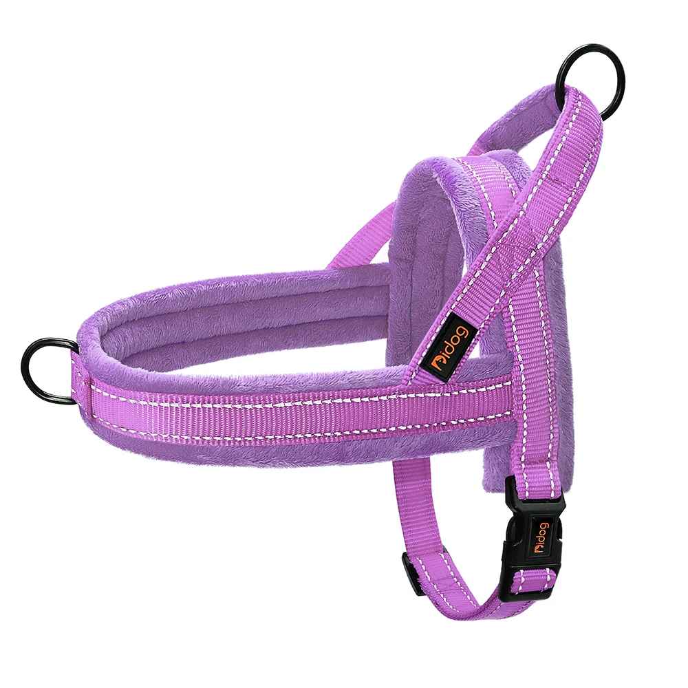 Harnais violet pour chien anti-traction, modèle Confort Nuage rembourré et réglable, accessoire de promenade sécurisé avec coutures réfléchissantes, boutique Pitou et moi.