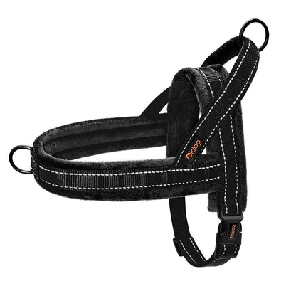 Harnais rembourré noir pour petit et moyen chien, accessoire de promenade confortable et sécurisé avec bandes réfléchissantes, boutique Pitou et moi.