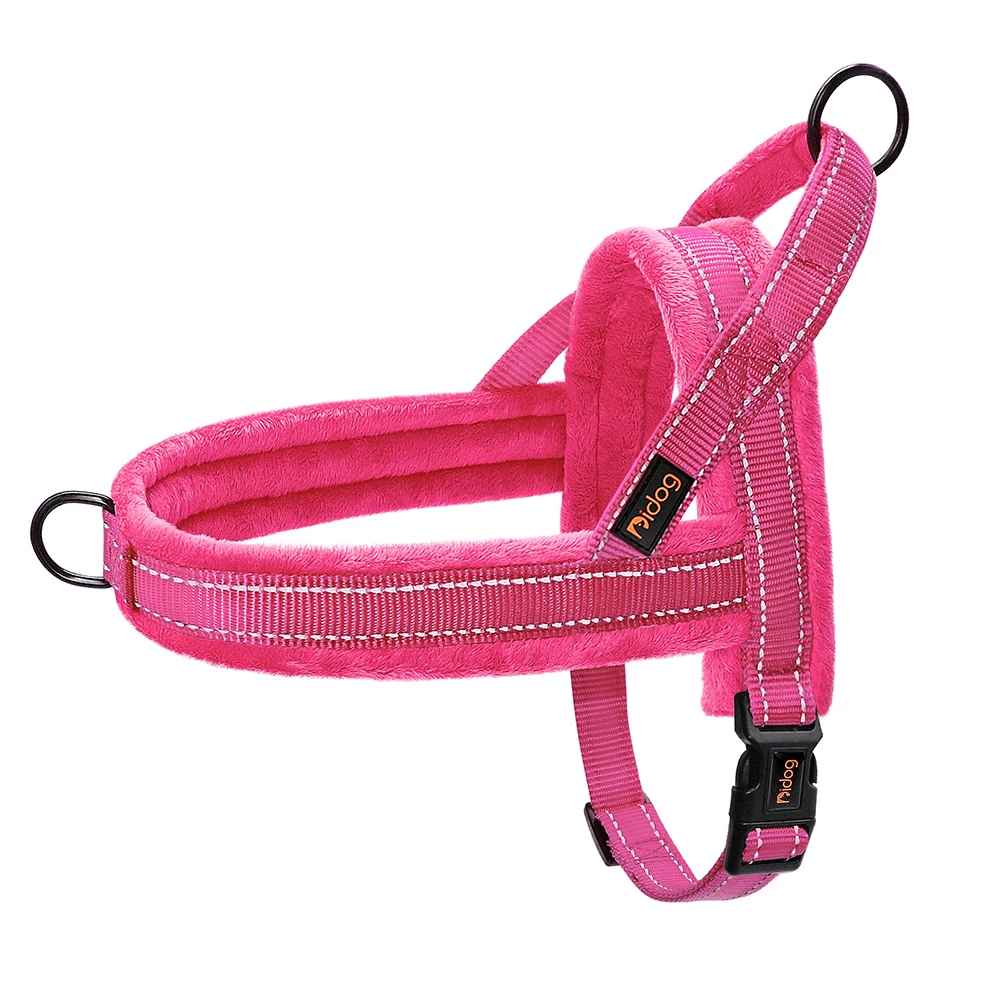 Harnais rembourré rose pour petit et moyen chien, accessoire de promenade confortable et sécurisé avec bandes réfléchissantes, boutique Pitou et moi.