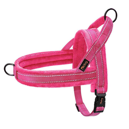 Harnais rembourré rose pour petit et moyen chien, accessoire de promenade confortable et sécurisé avec bandes réfléchissantes, boutique Pitou et moi.
