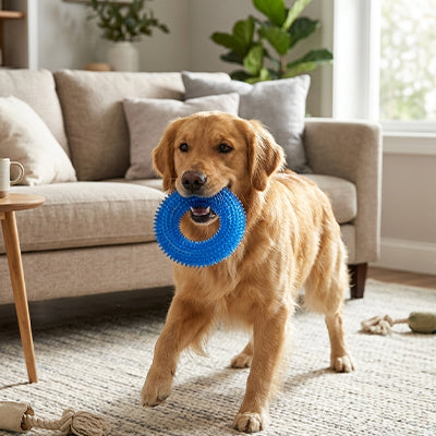 Un chien Golden Retriever debout dans un salon moderne, tenant dans sa gueule l’anneau de dentition bleu à picots Hop-Là de Pitou et moi.