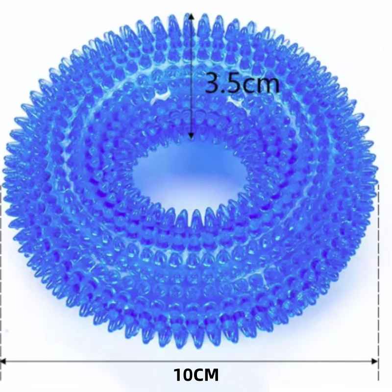 Image produit indiquant les dimensions de l'anneau de dentition bleu Hop-Là pour chien : un diamètre total de 10 cm et une épaisseur de 3,5 cm.