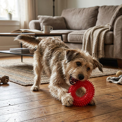 Un chien de type Terrier à poil dur couché sur un parquet de salon, en train de mordiller l'anneau de dentition rouge Hop-Là de Pitou et moi.
