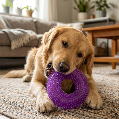 Un chien Golden Retriever couché sur un tapis de salon, tenant et mordillant un anneau de dentition violet texturé Hop-Là de Pitou et moi.