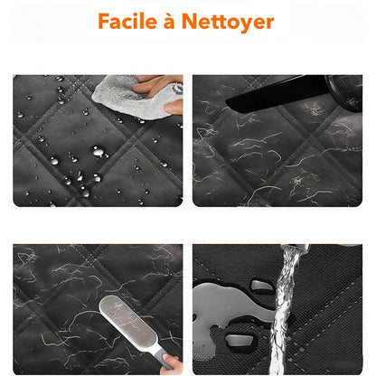 Housse de protection voiture pour chien facile à nettoyer, tissu imperméable anti-taches et anti-poils, entretien rapide pour banquette arrière, boutique Pitou et moi.